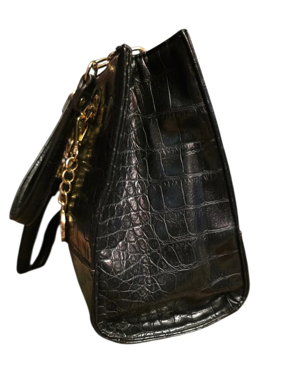 Anne Klein Black Faux Croc-Embossed Tote with Gold Hardware Charm